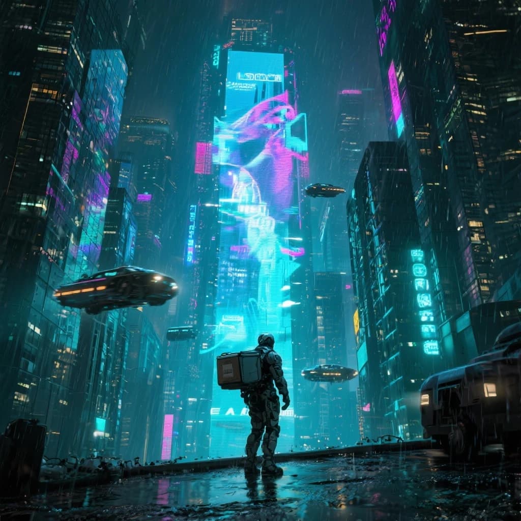 Rain-soaked neon megacity at night, flying taxis weave between glass towers, giant holograms flicker; a lone courier in a matte exosuit, somewhat cinematic wide angle.
