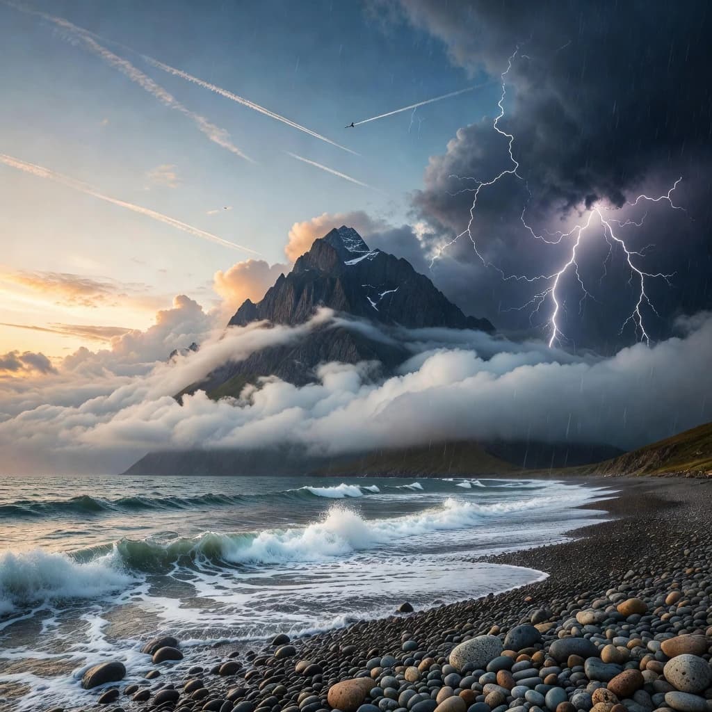 A stunning mountain vista pokes through the cloud top. Contrails from a distant airplane linger in the air. In the foreground there is a stony beach with foamy seas. A thunder storm is visibile in the distant right.