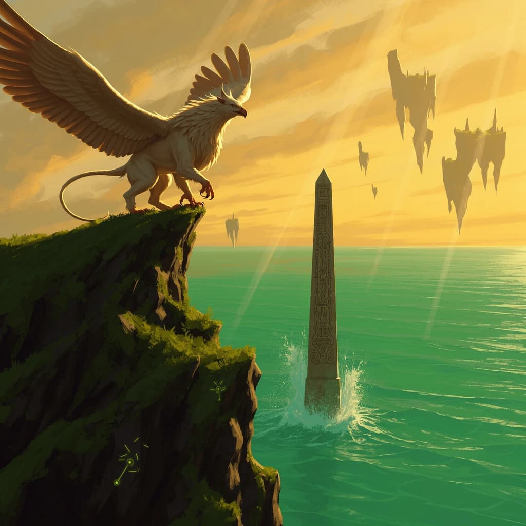 At dawn, a winged griffin lands on a mossy cliff above a jade sea beside a runed obelisk; floating isles drift under golden sunbeams, with a bit of sea spray and glowing runes.