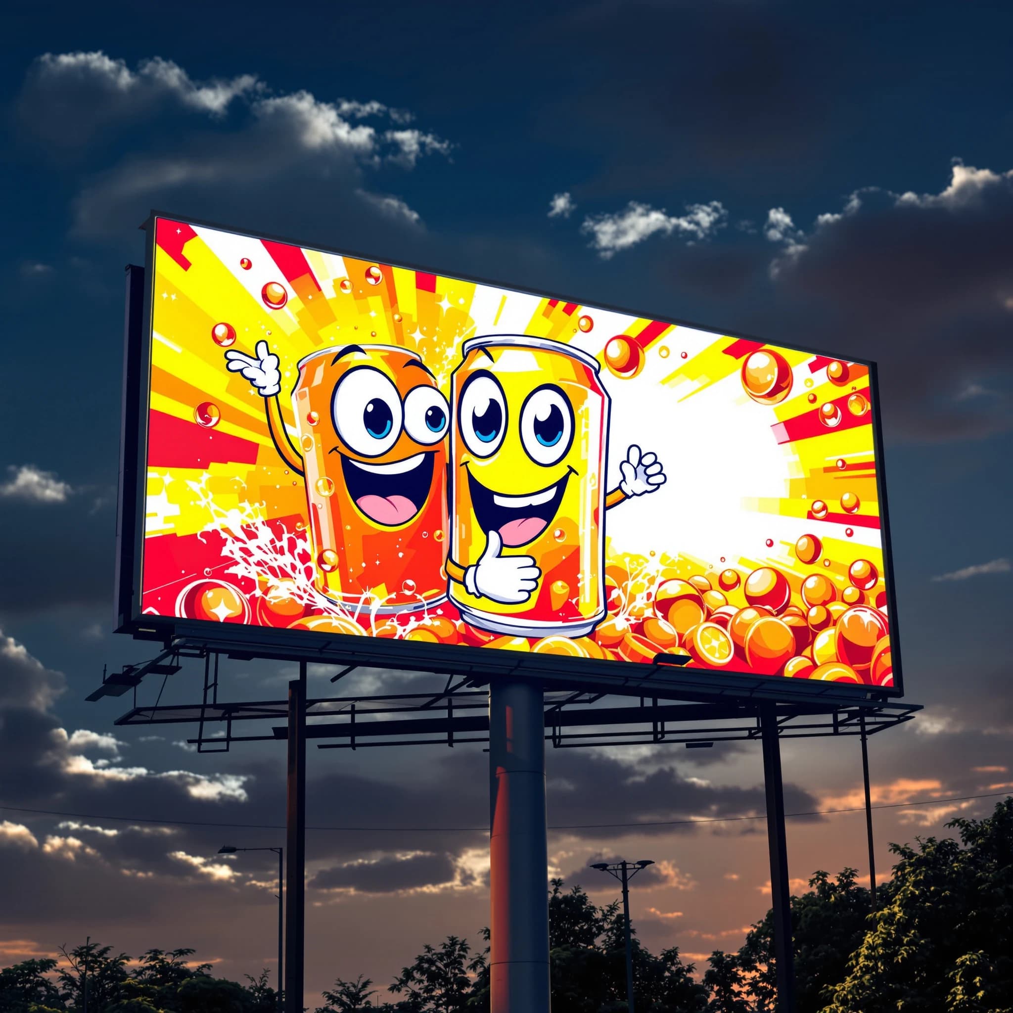 Design a bright soda billboard ad with a bubbly can mascot, thick inky lines.