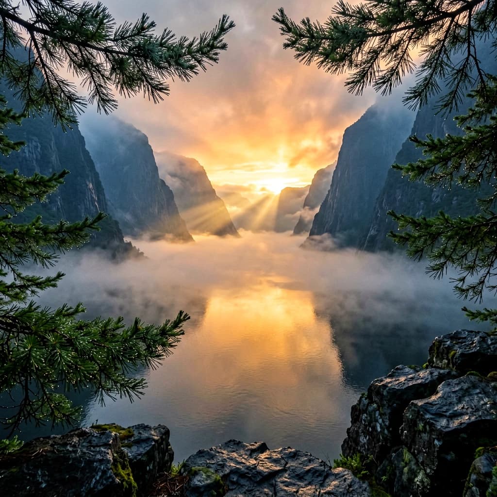 Frame a foggy fjord at sunrise, cliffs looming.