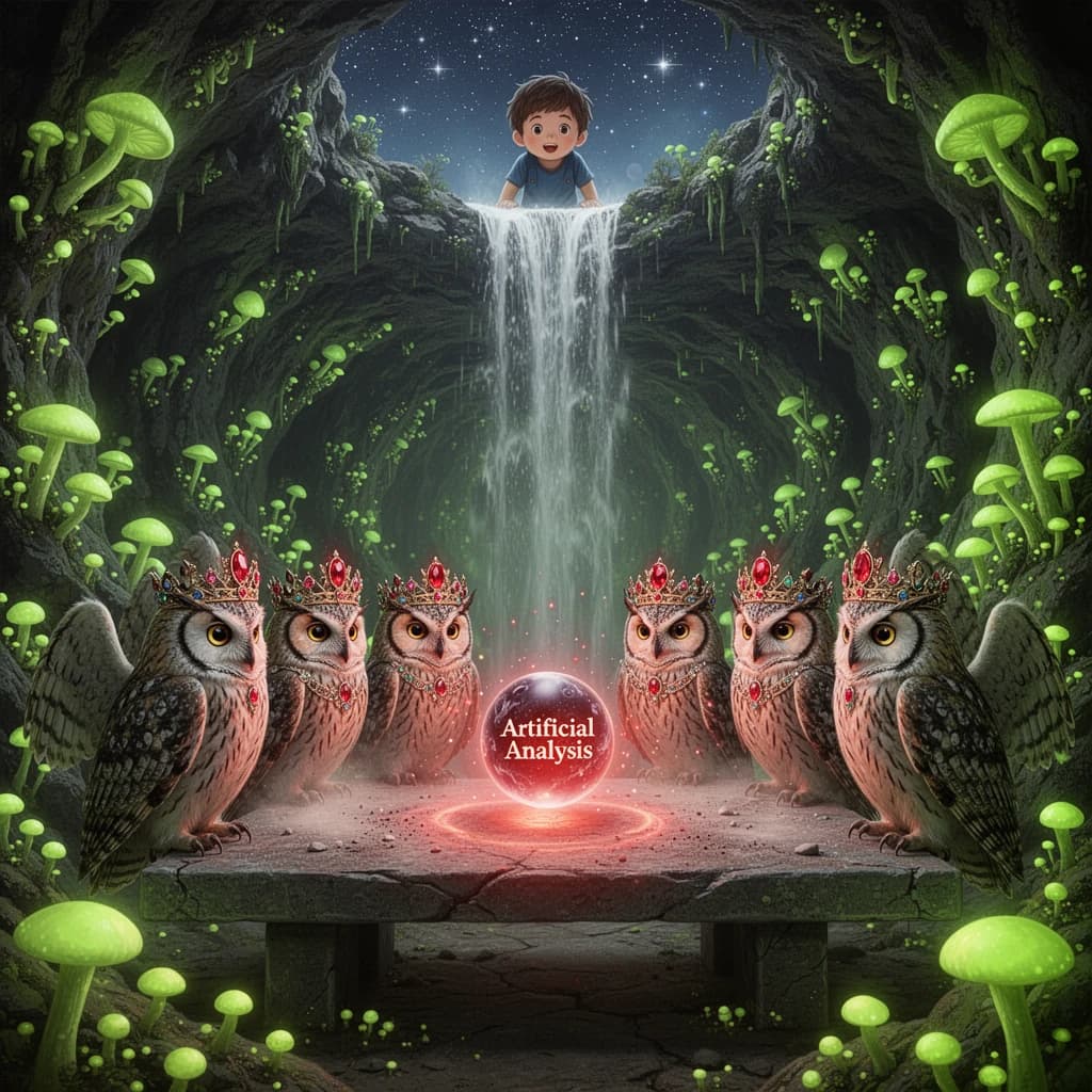 In a cavern lined with bioluminescent fungi glowing lime green, the council of owls wear jeweled crowns that glimmer with rubies, their wings folded behind their backs. Dust coats the stone table, a glowing orb inscribed with “Artificial Analysis” hovers above the table illuminating the owls with its red pulsating light. Behind them, a waterfall falls upward into a ceiling that opens onto stars - a child looks down in wonder from above at what he has stumbled across.