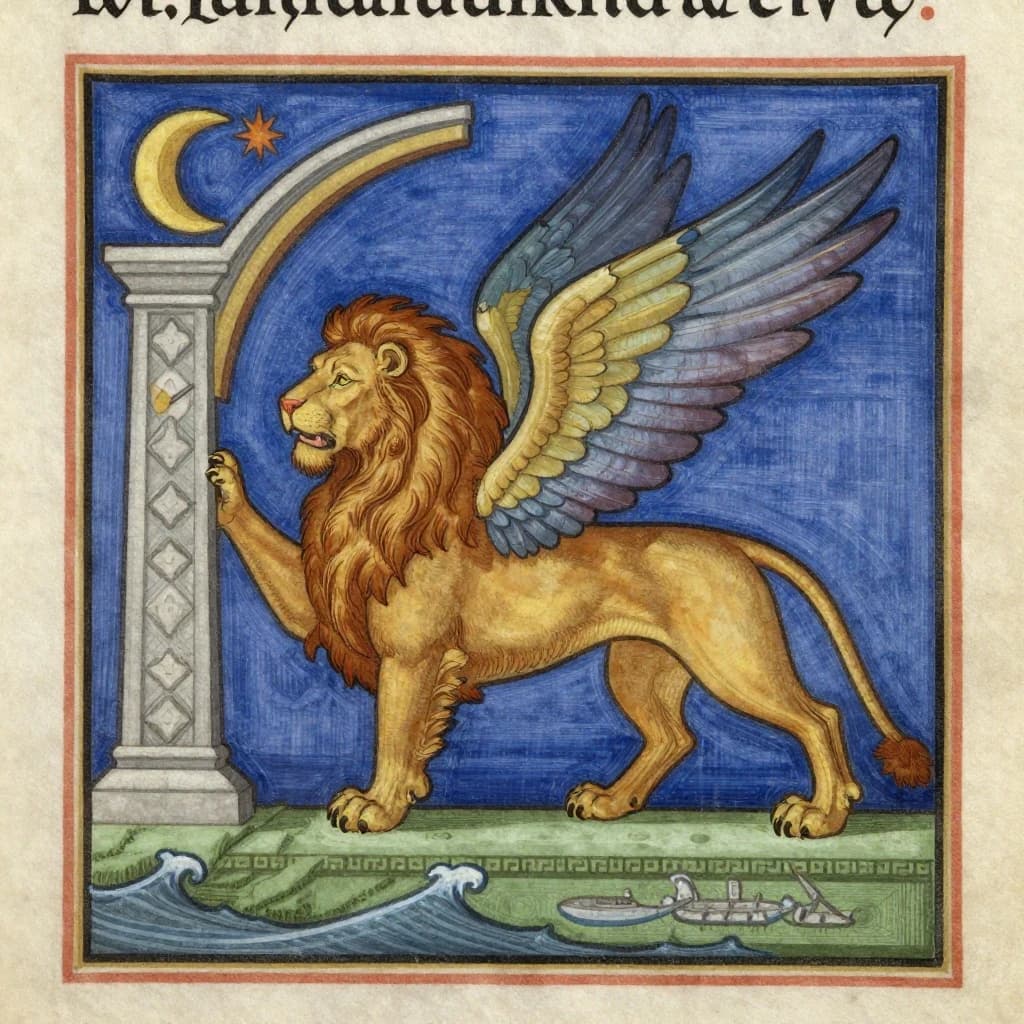 Paint an illuminated manuscript scene of a winged lion guarding a sea gate.