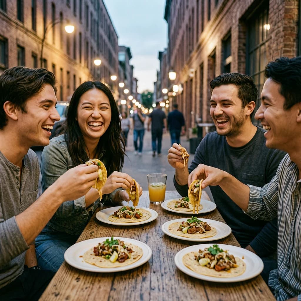 Friends laugh over street tacos at dusk, candid, shallow depth.