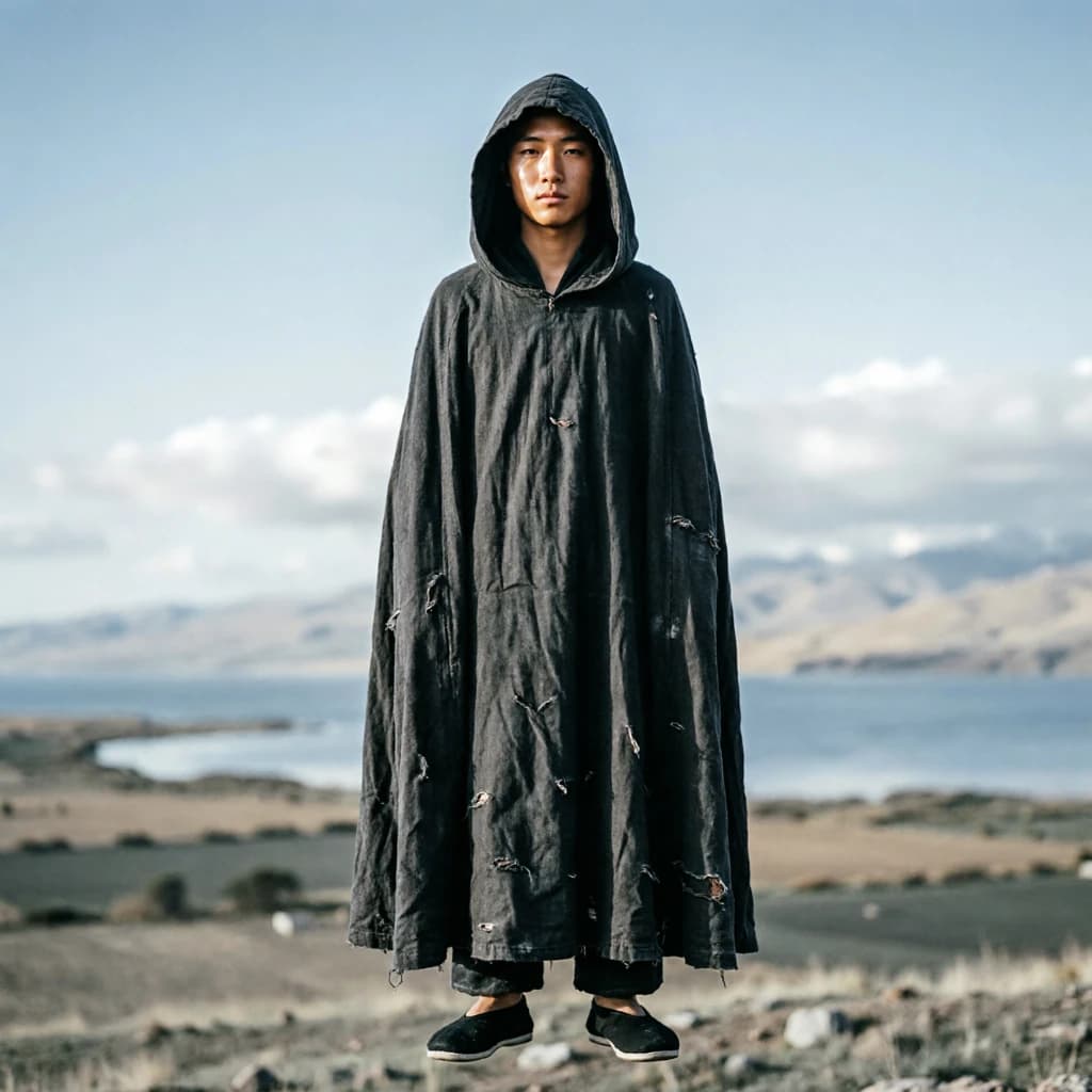 A dramatic black-and-white portrait of a young person draped in a hooded garment, their face framed by the hood's dark folds. Their skin tone and the subtle sheen on their cheeks create striking tonal contrast against the deep shadows. Their eyes are piercing, looking directly into the lens with a calm, steady intensity—neither confrontational nor submissive, but deeply present. The texture of the fabric is visible: it's dense, slightly weathered, and whisper-thin creases catch the light. In the background, an expansive, out-of-focus landscape suggests open space—perhaps distant plains or water—though the details remain soft and abstract. The overall mood is silent yet powerful, poised between vulnerability and resilience, with every highlight and shadow telling part of their story.