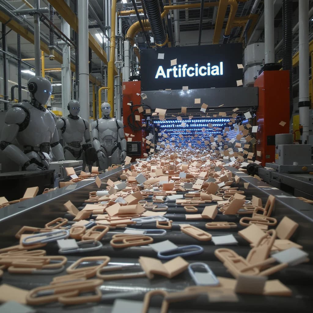 Close up point of view perspective on a conveyor belt pumping out paperclips at a maddening pace. The high tech factory has Artificial Analysis printed proudly on the wall. Robot staff look approvingly over the robust output.