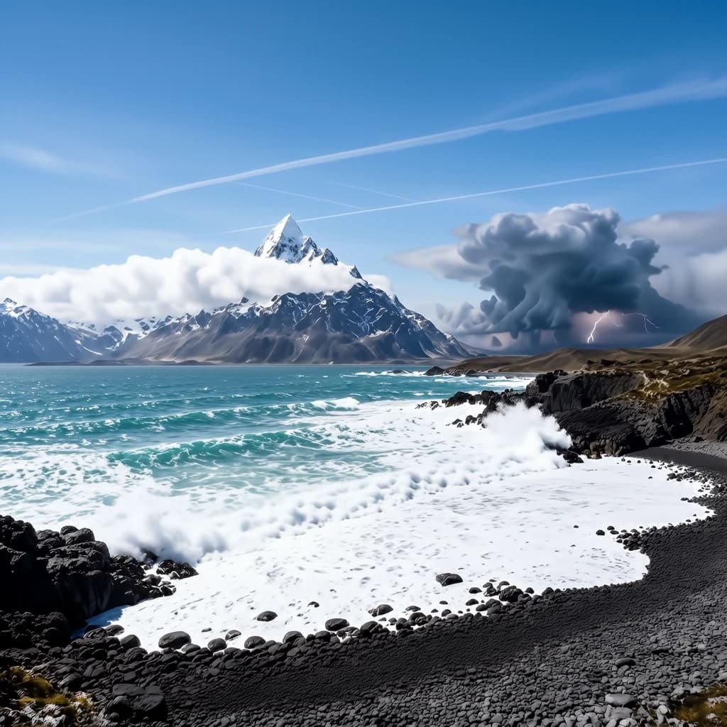 A stunning mountain vista pokes through the cloud top. Contrails from a distant airplane linger in the air. In the foreground there is a stony beach with foamy seas. A thunder storm is visibile in the distant right.