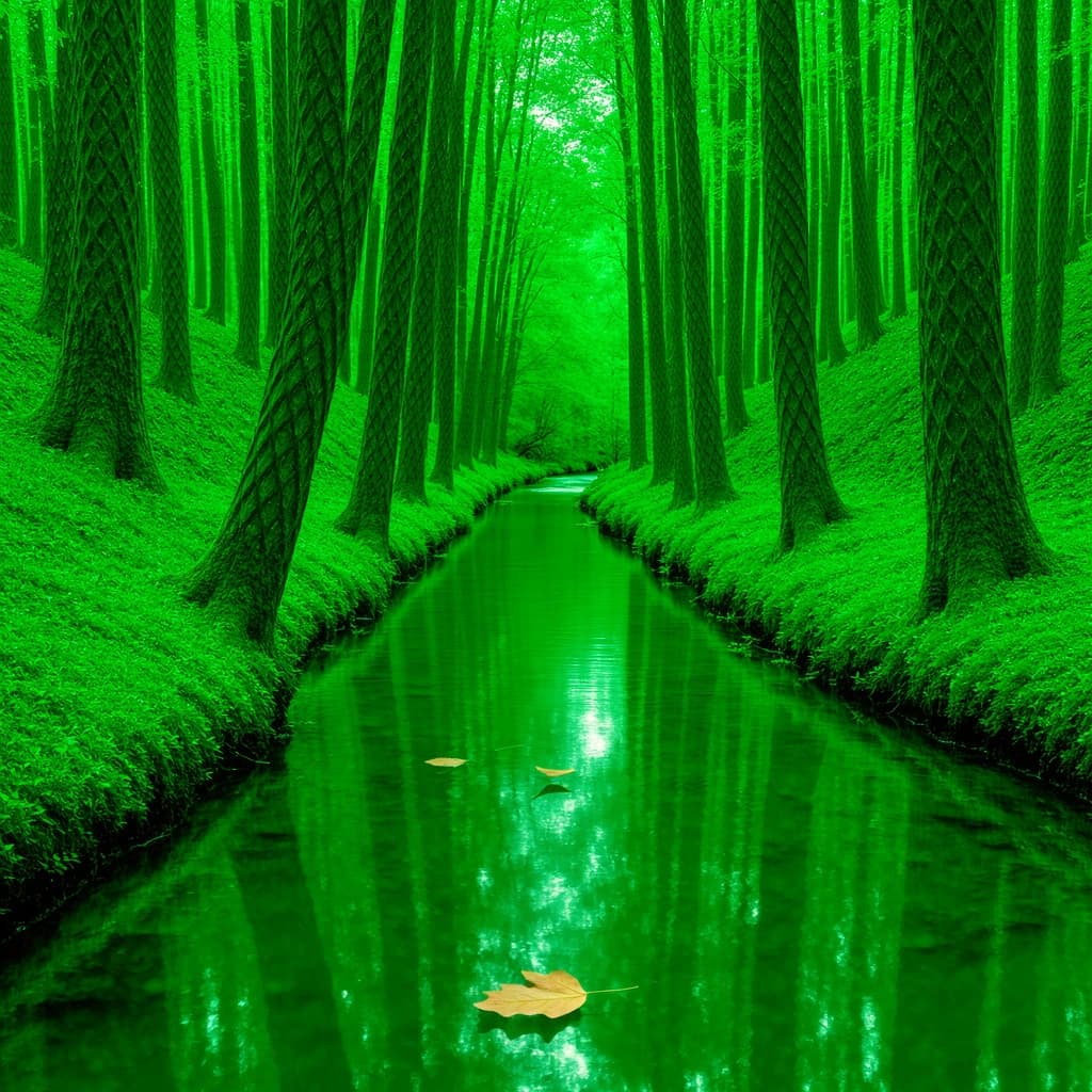 The forest is saturated green, trees identical in height and width, trunks straight, bark texture repeating. One trunk leans diagonally yet the branches remain vertical. The moss is emerald, glistening, though each patch forms identical diamond shapes. A stream runs straight, perfectly linear, water clear, reflecting clouds not visible in the sky. No animals, no insects, but one leaf floats on the water, doubled, showing two overlapping shadows.