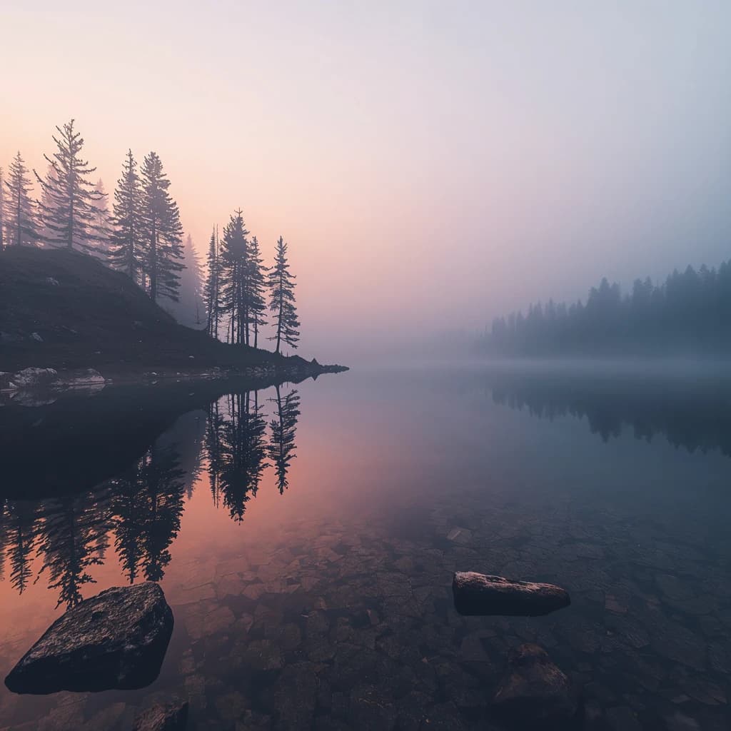 I want a photo of a misty alpine lake at dawn, pines, glassy water, warm light.