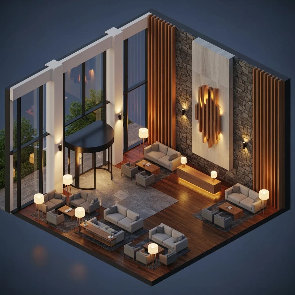 Isometric 3D lobby, glass walls, warm lights, slightly moody, soft shadows.