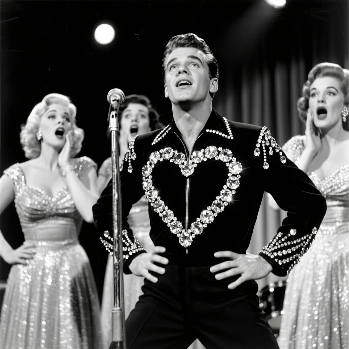 An archival image from 1953 of the rock singer swinging his hips on the stage while glamorous back up singers feign shock at his gyrations! He wears a diamond encrusted jacket with the stones arranged in the shape of a heart