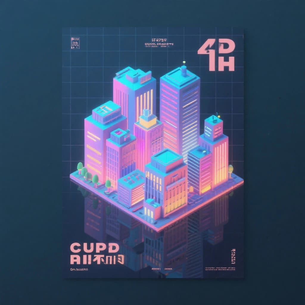 Render an isometric city poster with geometric buildings, neon gradients, gloss highlights, soft AO shadows, clean sans-serif lettering, grid layout, reflections a bit overexposed.