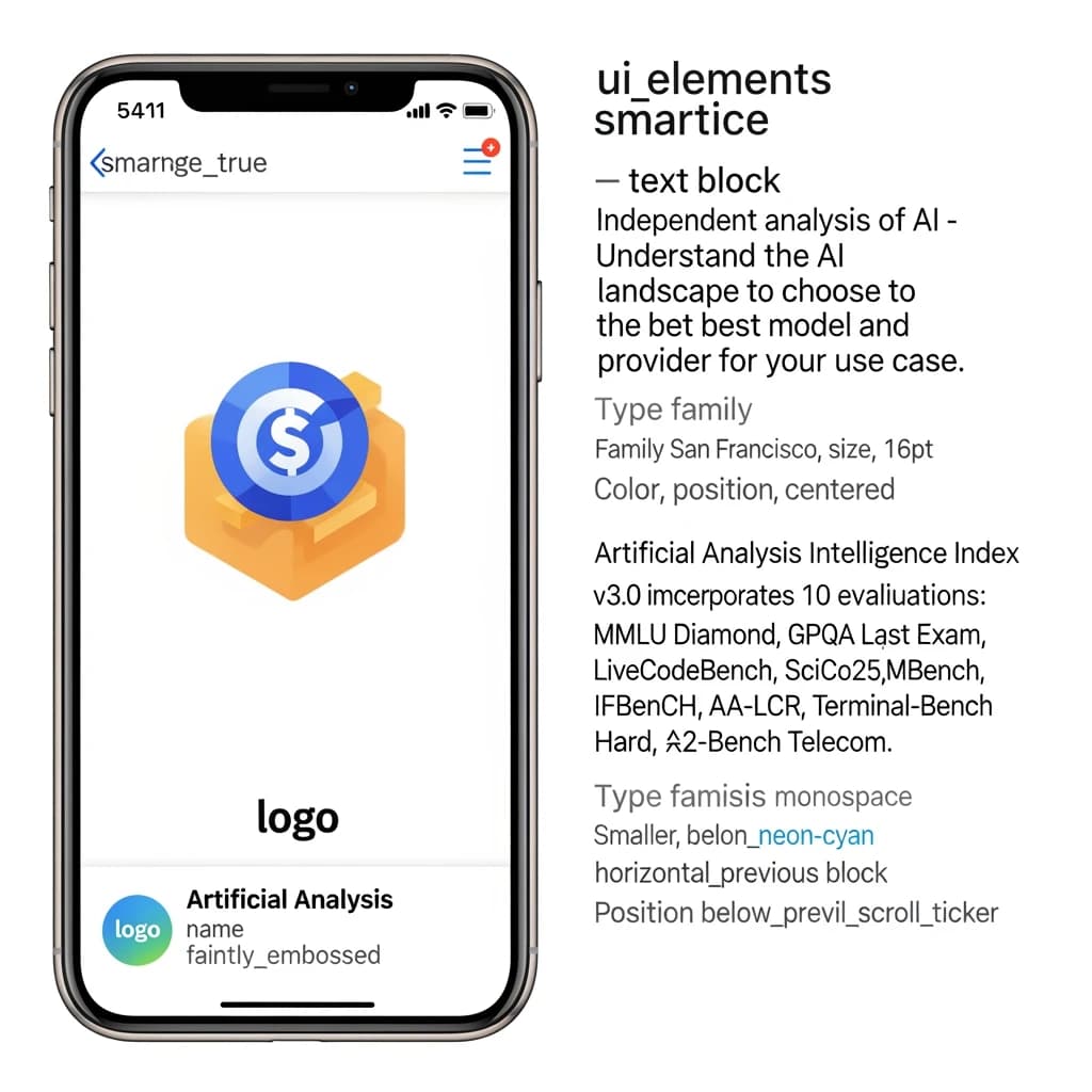 On a black smartphone UI with rounded corners, display a centered text block in white San Francisco font, 16pt: “Independent analysis of AI - Understand the AI landscape to choose the best model and provider for your use case.” Below, in neon cyan, monospace font, smaller size: “Artificial Analysis Intelligence Index v3.0 incorporates 10 evaluations: MMLU-Pro, GPQA Diamond, Humanity's Last Exam, LiveCodeBench, SciCode, AIME 2025, IFBench, AA-LCR, Terminal-Bench Hard, 𝜏²-Bench Telecom.” The second block scrolls horizontally as a ticker. The battery icon in the status bar shows 54%. The Artificial Analysis logo appears faintly, embossed into the bottom navigation bar.