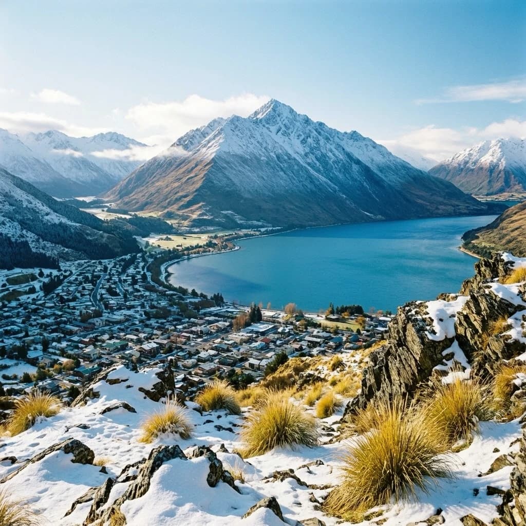 Queenstown's Lake Wakatipu, viewed from the top of Queenstown Hill after a snowstorm just dusted the top of Cecil's Peak