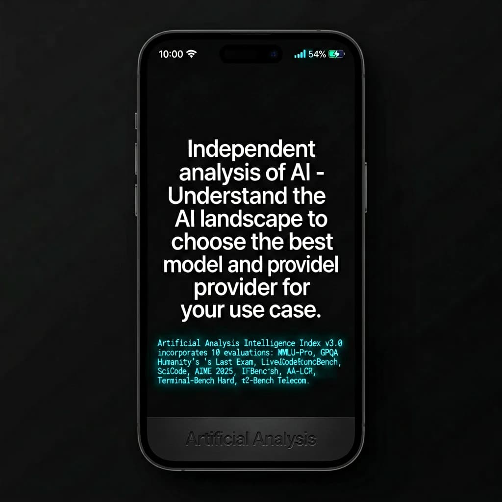 On a black smartphone UI with rounded corners, display a centered text block in white San Francisco font, 16pt: “Independent analysis of AI - Understand the AI landscape to choose the best model and provider for your use case.” Below, in neon cyan, monospace font, smaller size: “Artificial Analysis Intelligence Index v3.0 incorporates 10 evaluations: MMLU-Pro, GPQA Diamond, Humanity's Last Exam, LiveCodeBench, SciCode, AIME 2025, IFBench, AA-LCR, Terminal-Bench Hard, 𝜏²-Bench Telecom.” The second block scrolls horizontally as a ticker. The battery icon in the status bar shows 54%. The Artificial Analysis logo appears faintly, embossed into the bottom navigation bar.
