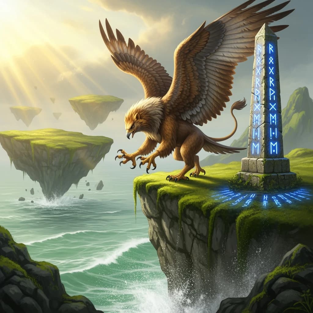 At dawn, a winged griffin lands on a mossy cliff above a jade sea beside a runed obelisk; floating isles drift under golden sunbeams, with a bit of sea spray and glowing runes.