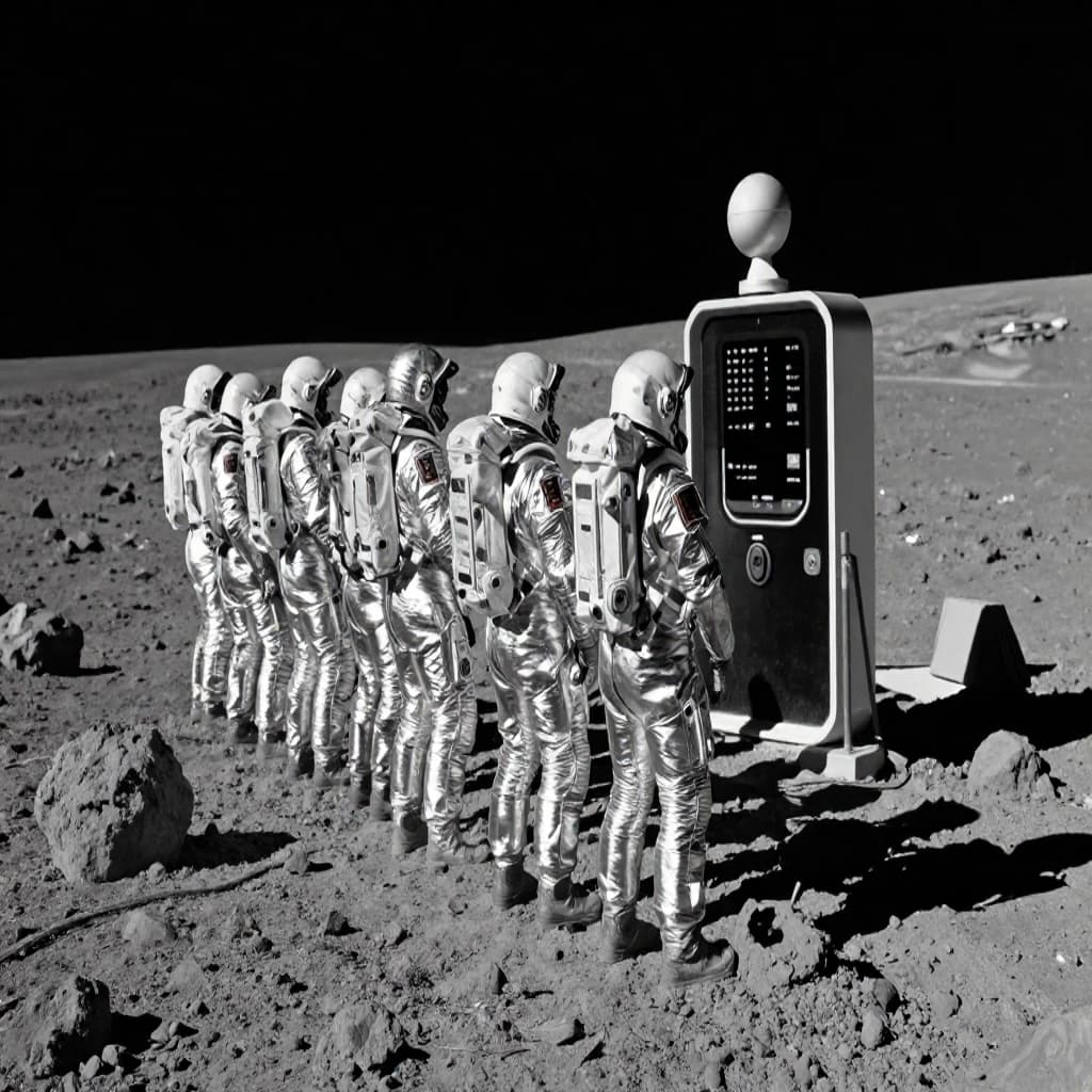 Silver exosuits queue at a dusty lunar checkpoint.