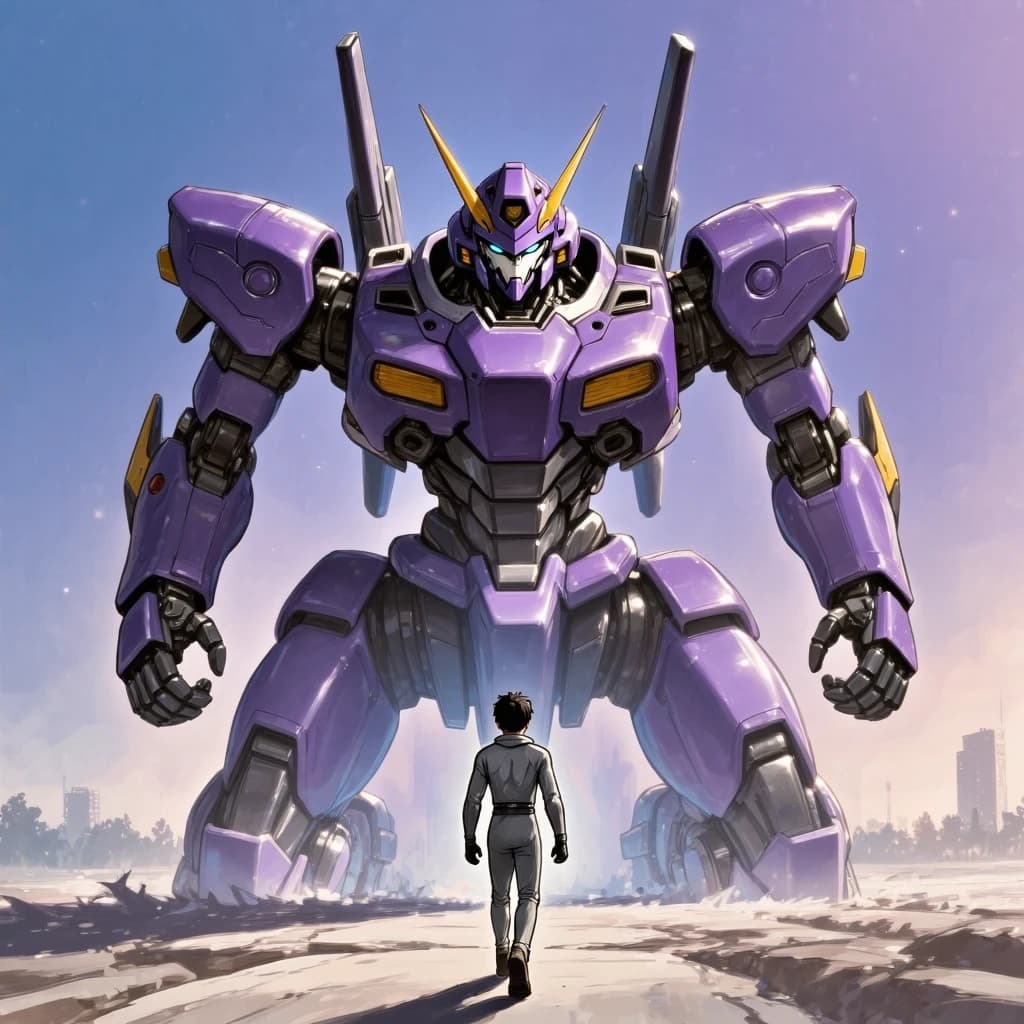 Clad in his body suit up to the neck, young Masa nervously approaches the towering mech with his back facing us. He is nervous for his first time in the field. The mech's bright purple colour scheme contrasts with the grey body suit. The scale of the mech dwarfs Masa. Hand drawn style