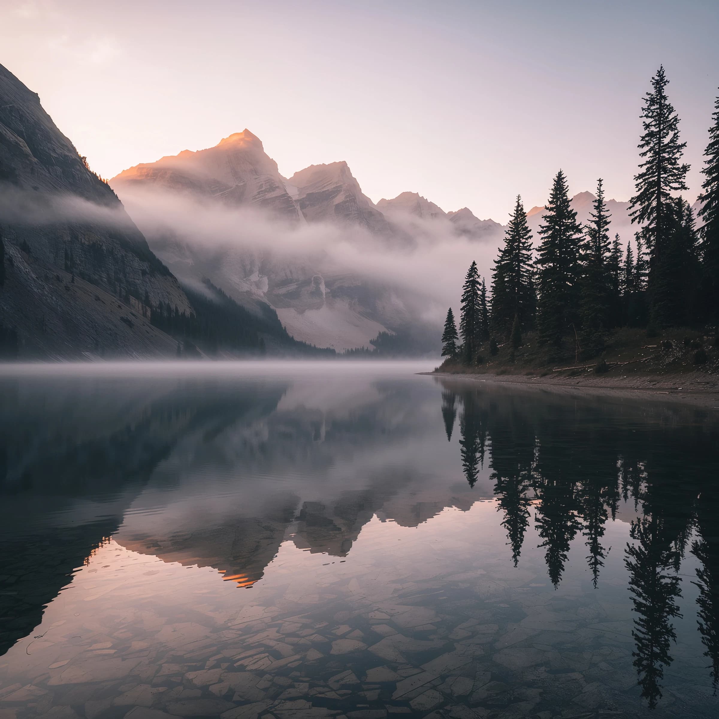 I want a photo of a misty alpine lake at dawn, pines, glassy water, warm light.