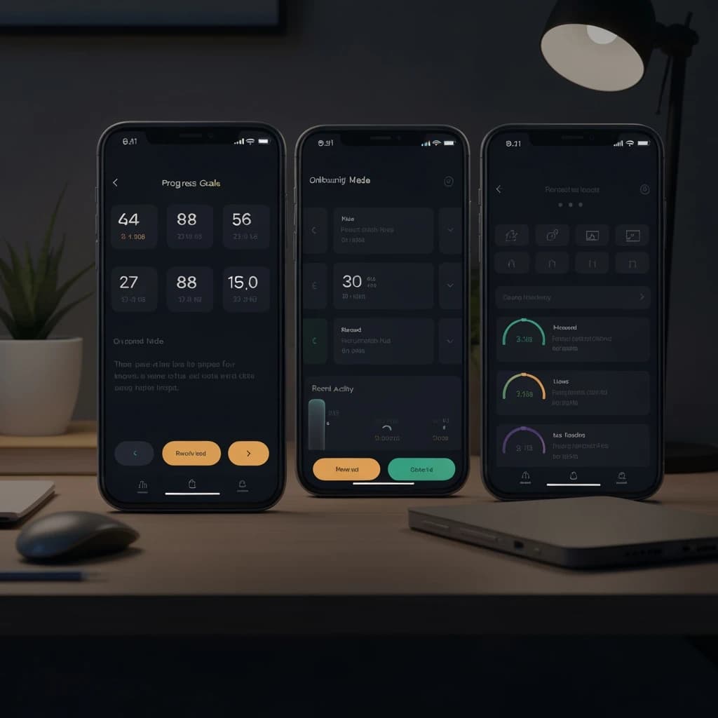 Sleek mobile fitness app screens on a desk: dark mode home, progress dashboard, simple onboarding, clear 8 pt grid, slightly oversized buttons for thumb reach, muted colors.