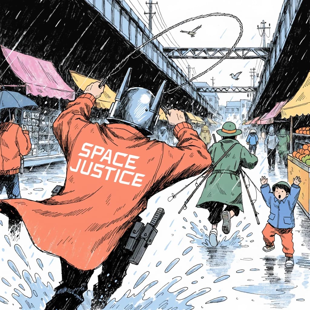 The space cowboy chases the deranged fisherman underneath the causeway, eager to collect on his bounty. Fishing rods and lines hang off the back off the fishermen as he darts between the bustling market crowd. We see the back of the space cowboy in his space poncho emblazoned with the words SPACE JUSTICE, spinning his lasso over his head. A child on the sidelines excitedly cheers the cowboy. 1990s hand drawn anime style with strong fluidity