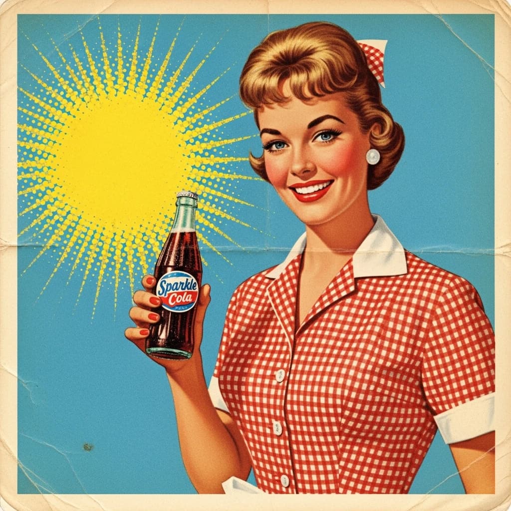 Mid-century soda ad, smiling waitress, halftone sunburst, a bit of faded paper.