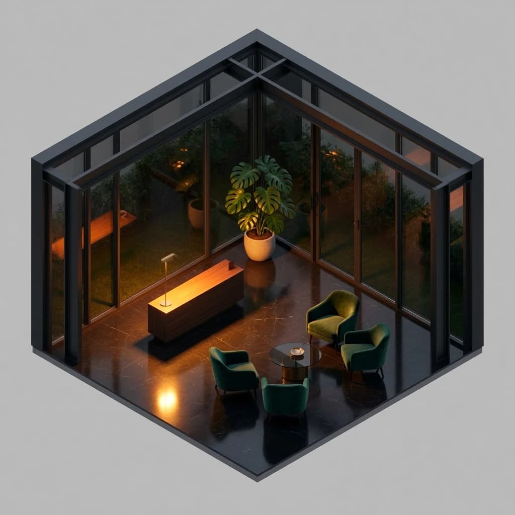 Isometric 3D lobby, glass walls, warm lights, slightly moody, soft shadows.