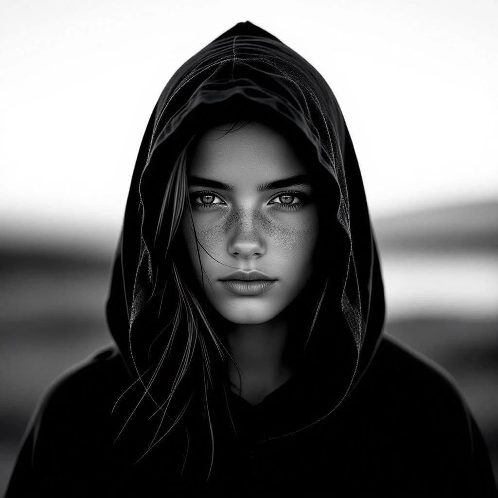 A dramatic black-and-white portrait of a young person draped in a hooded garment, their face framed by the hood's dark folds. Their skin tone and the subtle sheen on their cheeks create striking tonal contrast against the deep shadows. Their eyes are piercing, looking directly into the lens with a calm, steady intensity—neither confrontational nor submissive, but deeply present. The texture of the fabric is visible: it's dense, slightly weathered, and whisper-thin creases catch the light. In the background, an expansive, out-of-focus landscape suggests open space—perhaps distant plains or water—though the details remain soft and abstract. The overall mood is silent yet powerful, poised between vulnerability and resilience, with every highlight and shadow telling part of their story.