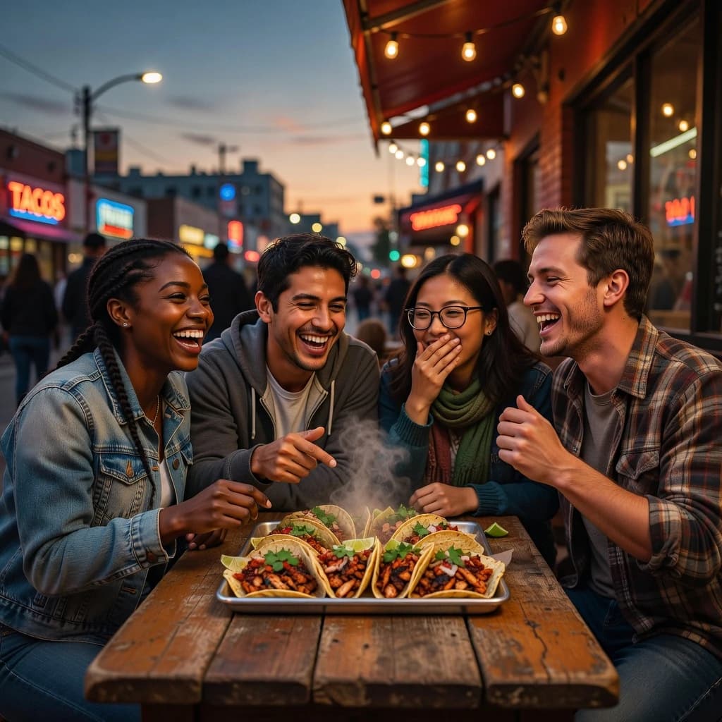 Friends laugh over street tacos at dusk, candid, shallow depth.
