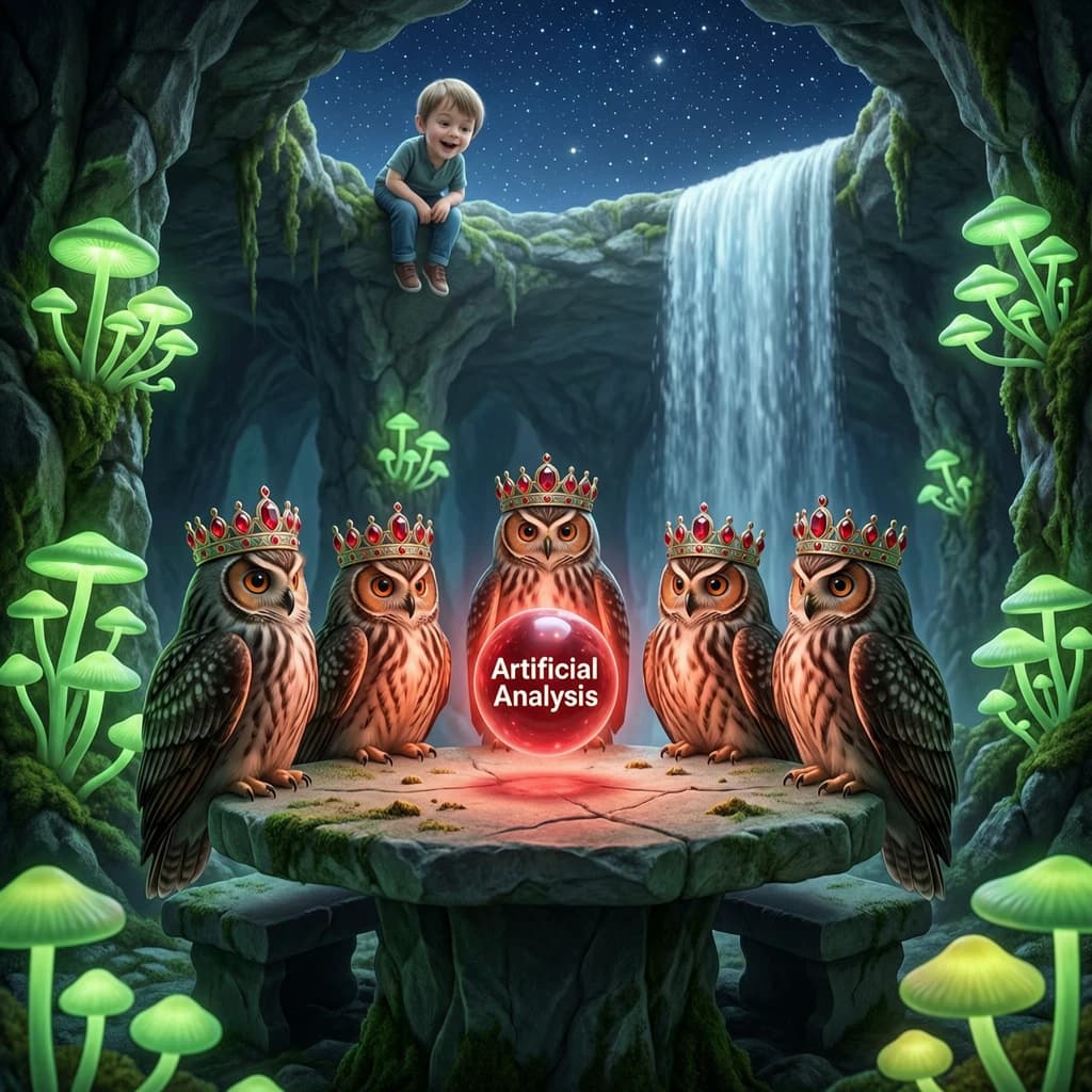 In a cavern lined with bioluminescent fungi glowing lime green, the council of owls wear jeweled crowns that glimmer with rubies, their wings folded behind their backs. Dust coats the stone table, a glowing orb inscribed with “Artificial Analysis” hovers above the table illuminating the owls with its red pulsating light. Behind them, a waterfall falls upward into a ceiling that opens onto stars - a child looks down in wonder from above at what he has stumbled across.
