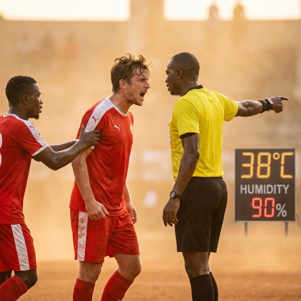 The soccer player clashes with the ref. It is thick and humid and the heat is getting to the players. His friend tries to pull him off before he causes any more trouble.