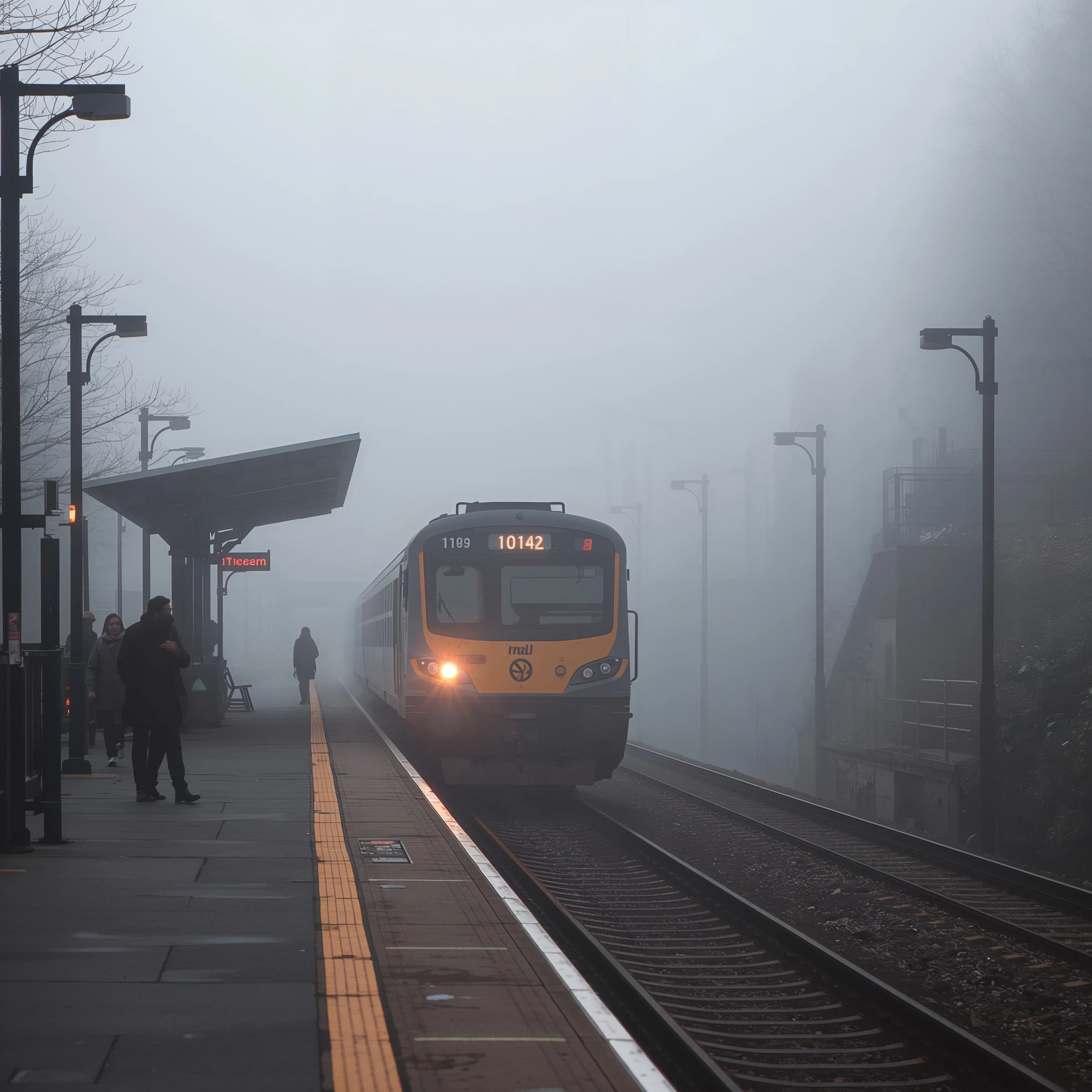 A commuter train enters a foggy little station.