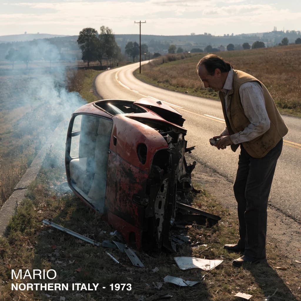 Mario examines the still smouldering wreck of the crash that took his best driver on the side of the country road. He designed this car and caused this. 3 days have passed since the crash. It's 1973 in Northern Italy.