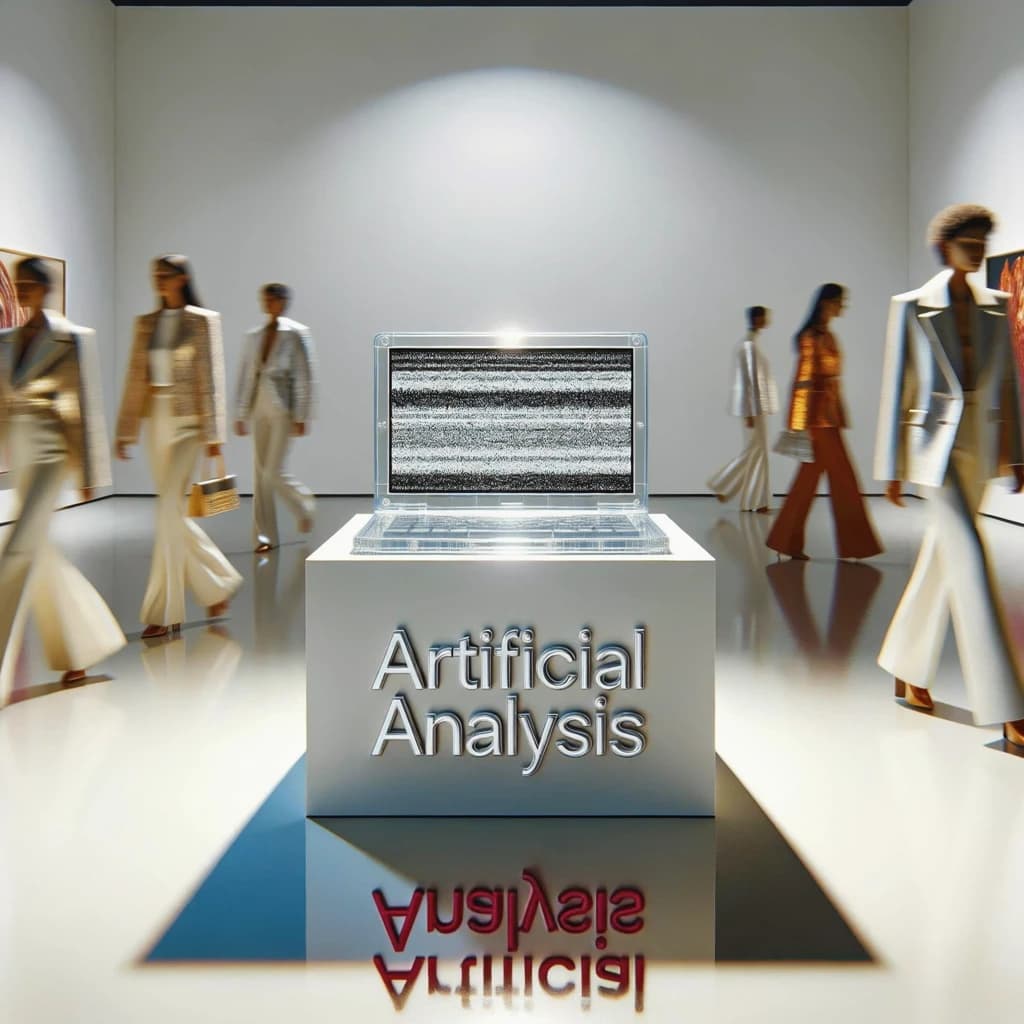 In a spotless gallery space, a pedestal supports a transparent laptop whose screen flickers between static and pristine brand imagery. Shoppers blur past in designer clothes that appear slightly outdated - bell bottoms, metallic jackets. The embossed logo “Artificial Analysis” glints silver, yet its reflection in the glass floor reads in crimson letters. A single spotlight shines, though shadows fall in two directions.