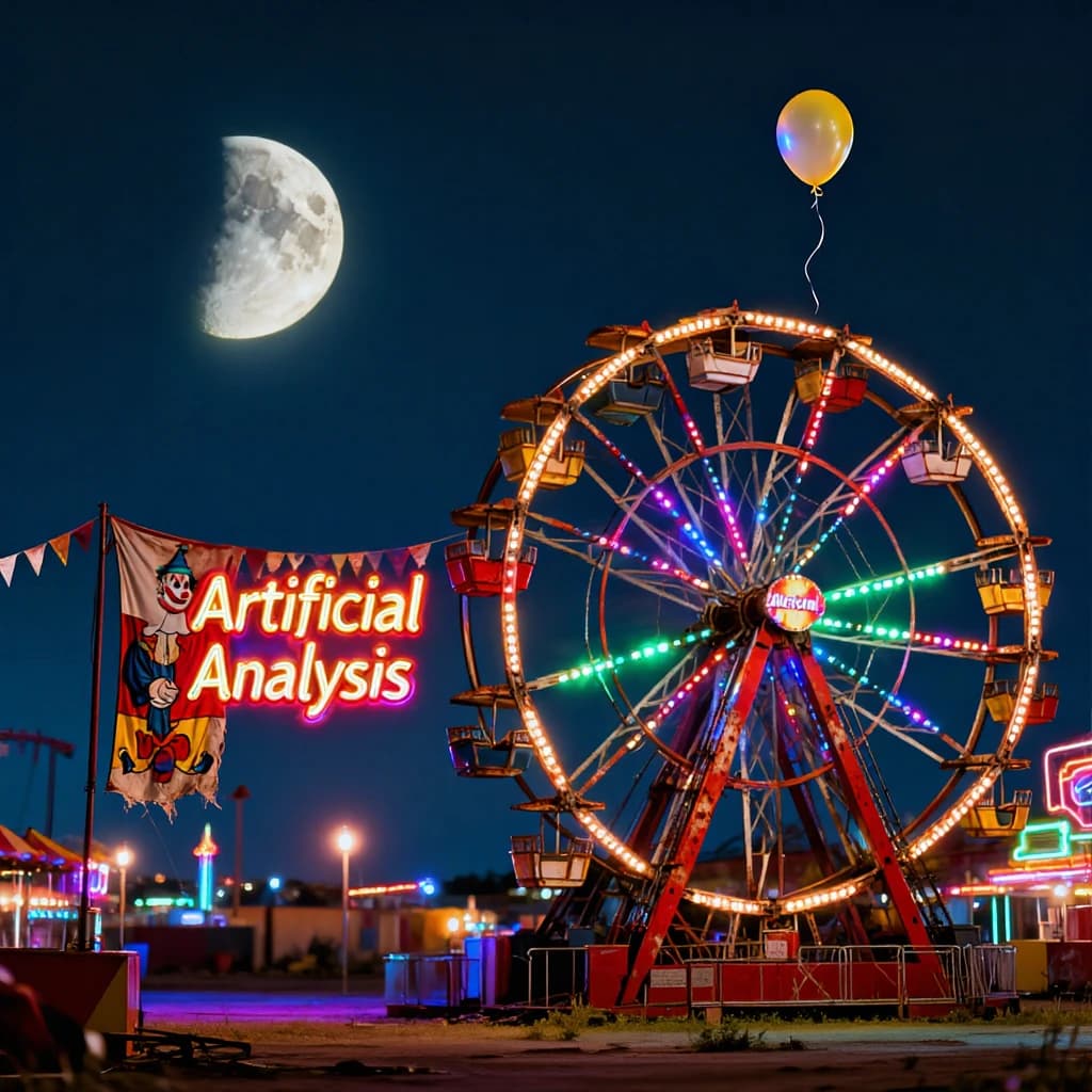 A deserted amusement park glows faintly under a half-moon. The ferris wheel is rusting yet strung with fresh, blinking LED lights. A torn clown banner flaps in a windless air. A lone balloon floats upward, tethered to nothing, while in the far distance city lights flicker on - some neon, some gas lamps as though from another century. 'Artificial Analysis' glows in neon