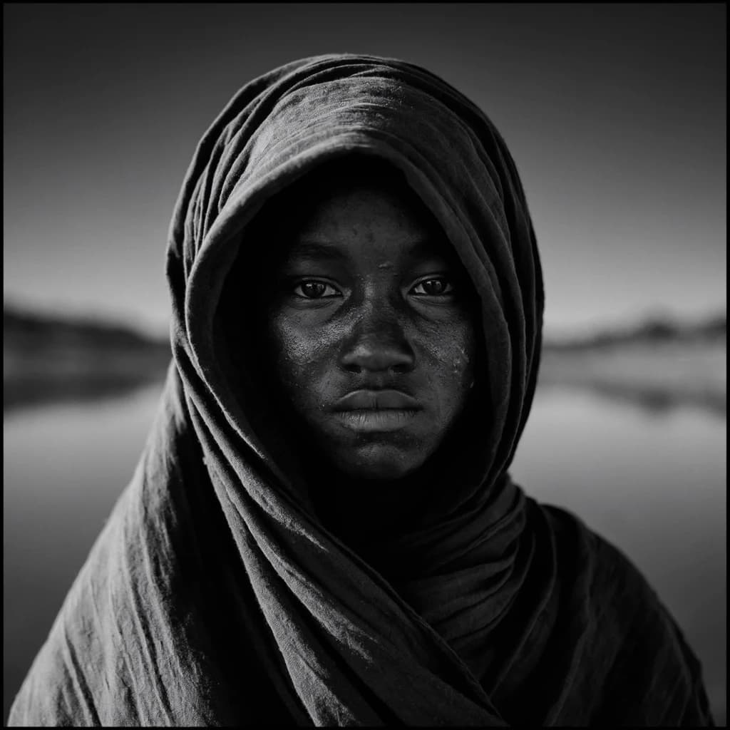 A dramatic black-and-white portrait of a young person draped in a hooded garment, their face framed by the hood's dark folds. Their skin tone and the subtle sheen on their cheeks create striking tonal contrast against the deep shadows. Their eyes are piercing, looking directly into the lens with a calm, steady intensity—neither confrontational nor submissive, but deeply present. The texture of the fabric is visible: it's dense, slightly weathered, and whisper-thin creases catch the light. In the background, an expansive, out-of-focus landscape suggests open space—perhaps distant plains or water—though the details remain soft and abstract. The overall mood is silent yet powerful, poised between vulnerability and resilience, with every highlight and shadow telling part of their story.