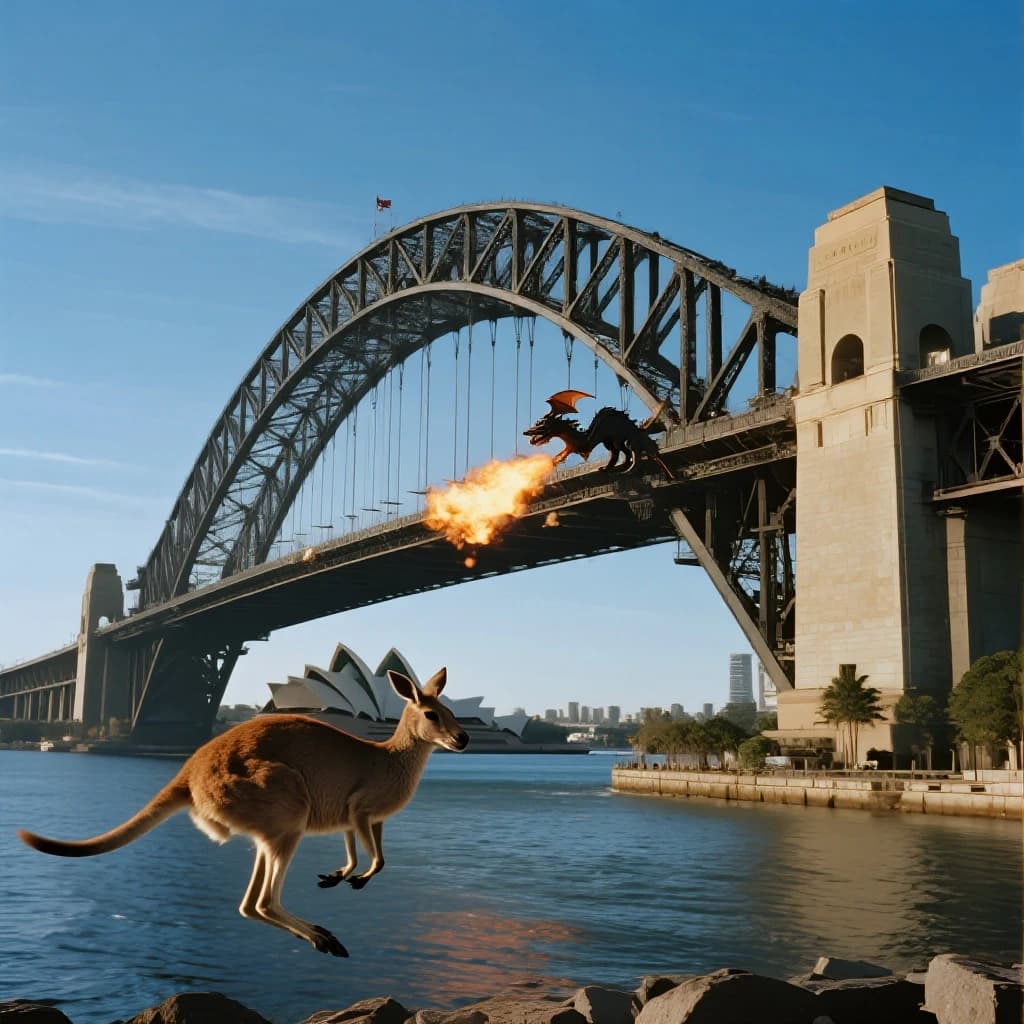 A dragon breathes fire at a kangaroo that is running away by climbing over the top of the Sydney Harbour Bridge. Opera House visible in the background.