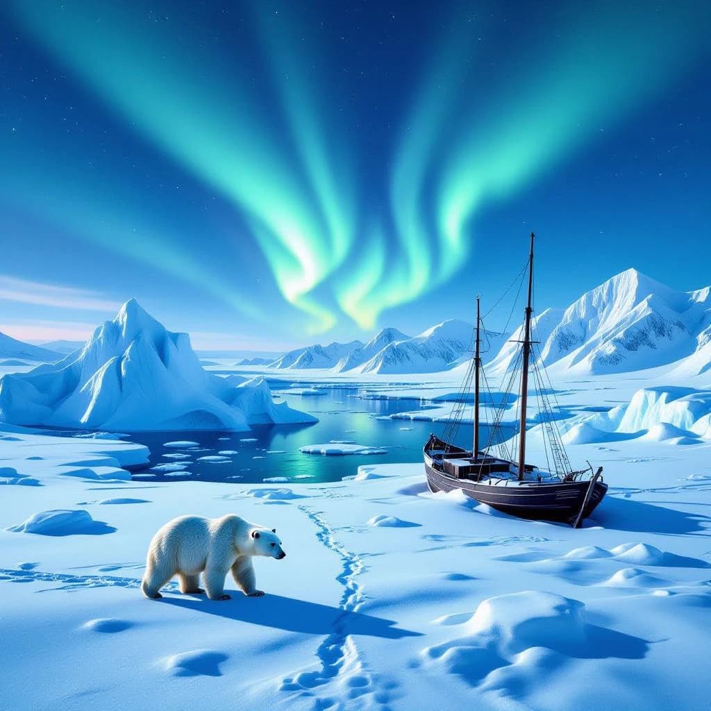 An endless tundra stretches outward, littered with jagged icebergs shaped like cathedral spires. A polar bear trudges across the foreground but leaves no tracks. Auroras ripple overhead. A half-buried shipwreck juts from the snow — sails billowing despite the still air.