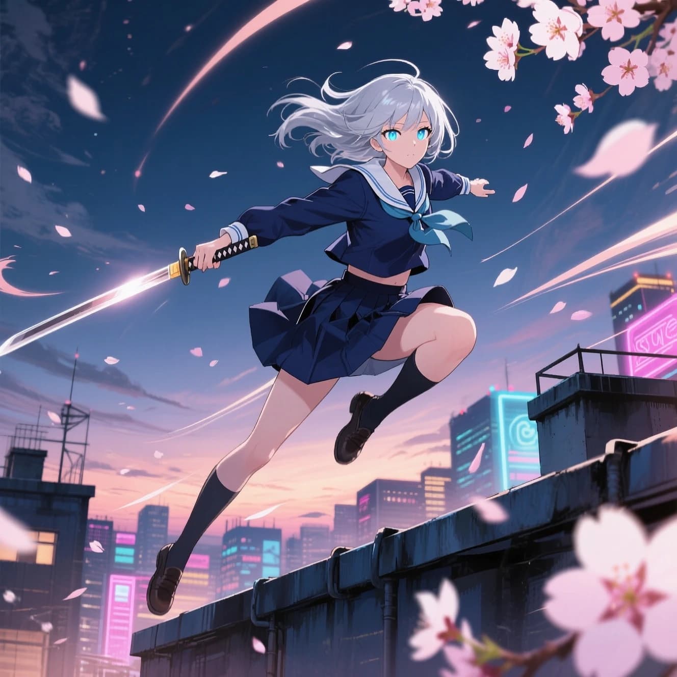 Wind-swept rooftop at dusk, a silver-haired swordswoman in a navy school uniform leaps, luminous eyes, cel shading, cherry blossoms swirl, neon city, dynamic angle, speed lines.