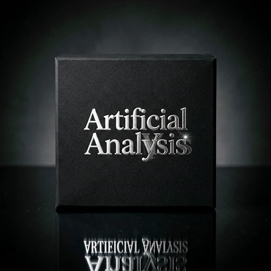 On the black box, silver foil embossing, centered: "Artificial Analysis" in Comic Sans Small Caps, perfectly justified. The letters are crisp, but the “Y” is duplicated faintly, ghosting right. On the box’s reflection, the word order is inverted: ARTIFICIAL ANALYSIS.