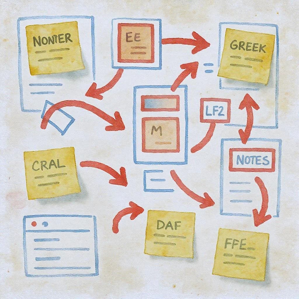 A rough watercolor of hand-drawn app wireframes, sticky notes, and red arrows.