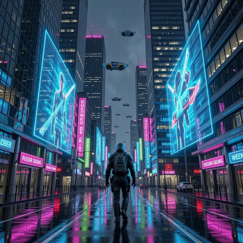 Rain-soaked neon megacity at night, flying taxis weave between glass towers, giant holograms flicker; a lone courier in a matte exosuit, somewhat cinematic wide angle.