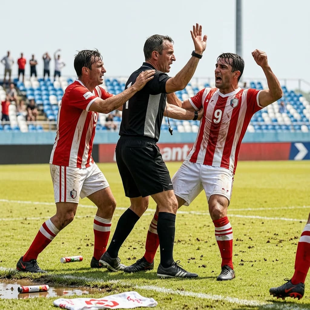 The soccer player clashes with the ref. It is thick and humid and the heat is getting to the players. His friend tries to pull him off before he causes any more trouble.