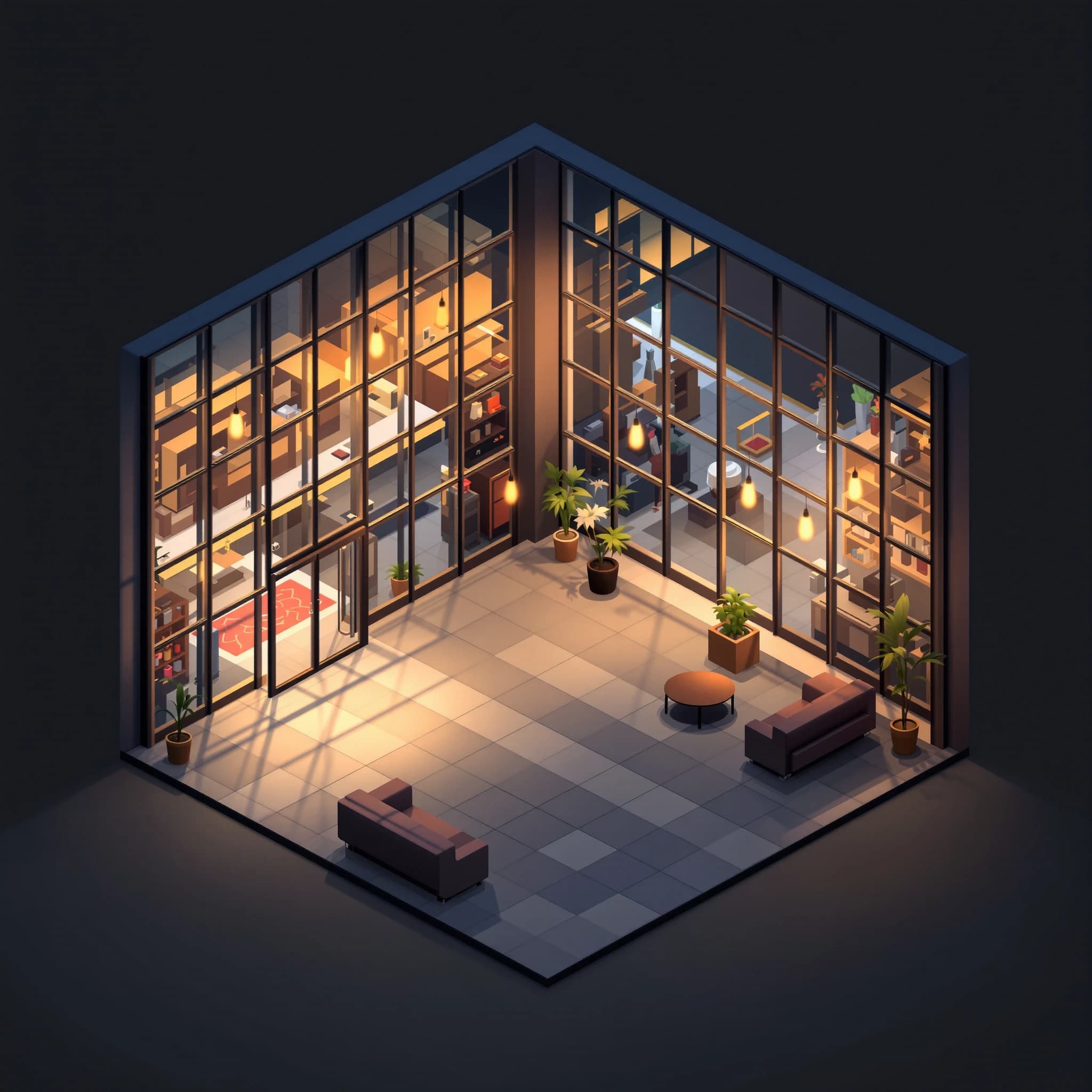 Isometric 3D lobby, glass walls, warm lights, slightly moody, soft shadows.