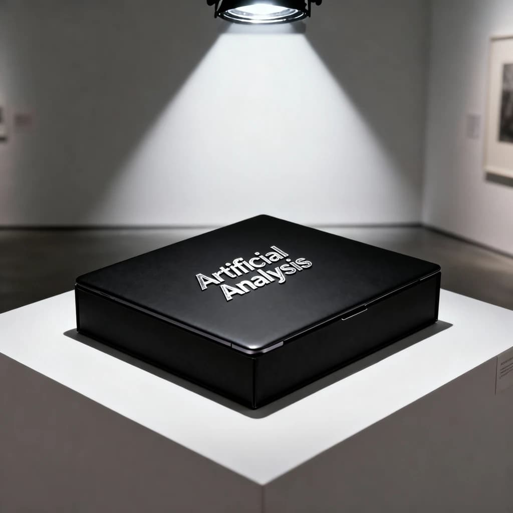 A premium matte black laptop-sized box rests on a pure white pedestal within a gallery space. Overhead, a single spotlight carves sharp contrast, leaving the edges in deep shadow. The brand name Artificial Analysis is embossed in silver foil, glinting faintly as though it were jewelry.