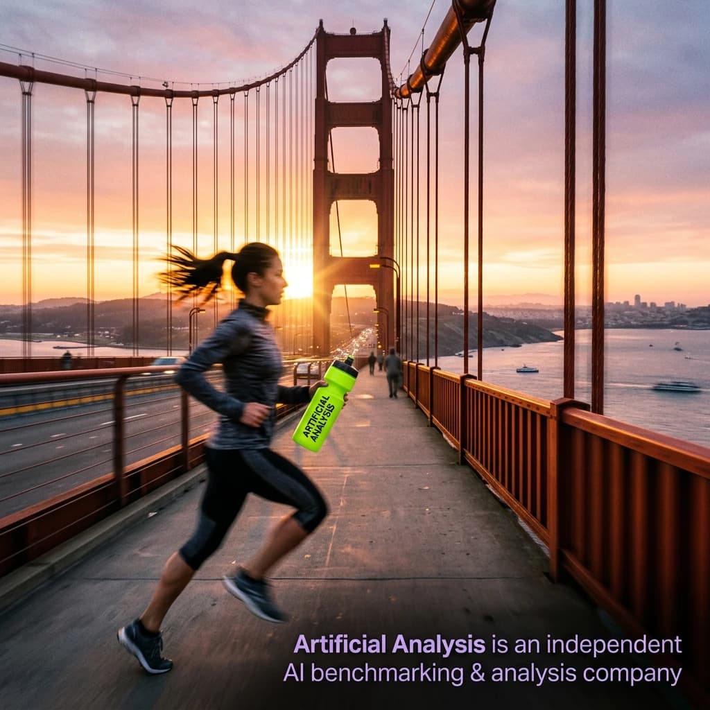 A runner dashes across the Golden Gate Bridge at dawn, sunlight streaming between cables. In their hand, they carry a neon-green sports drink with the brand name Artificial Analysis splashed boldly across the bottle. Motion blur emphasizes speed, while crisp purple sans serif typography overlays the bottom right of the scene with the tagline: Artificial Analysis is an independent AI benchmarking & analysis company