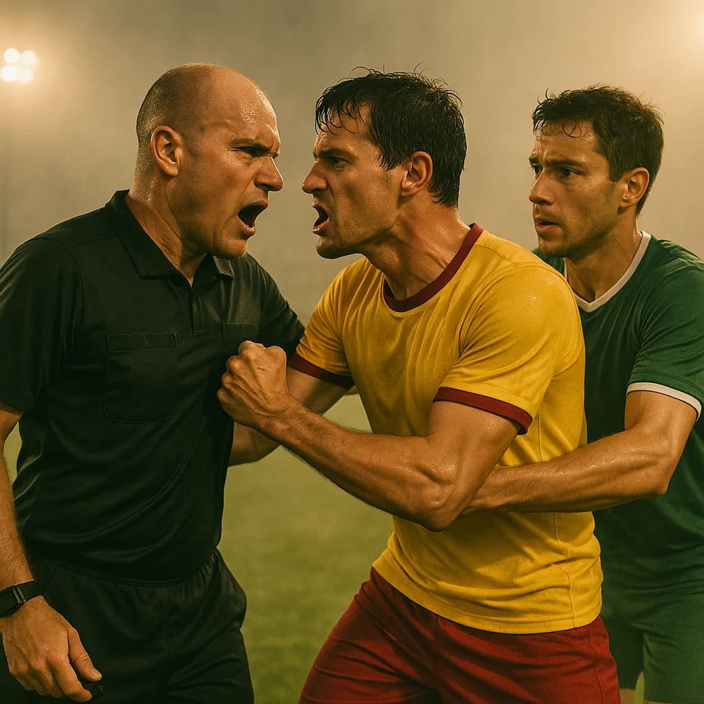 The soccer player clashes with the ref. It is thick and humid and the heat is getting to the players. His friend tries to pull him off before he causes any more trouble.