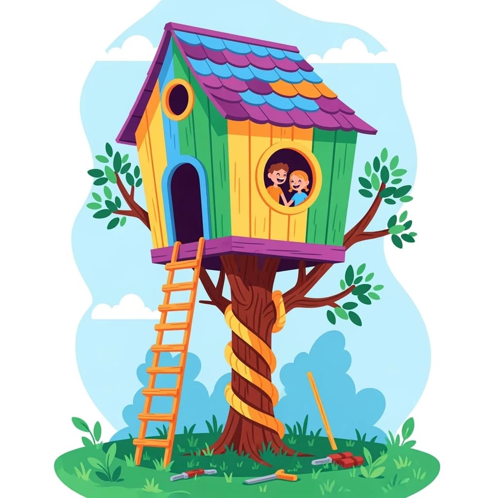 Kids build a backyard treehouse and laugh, bright flat colors, chunky outlines.