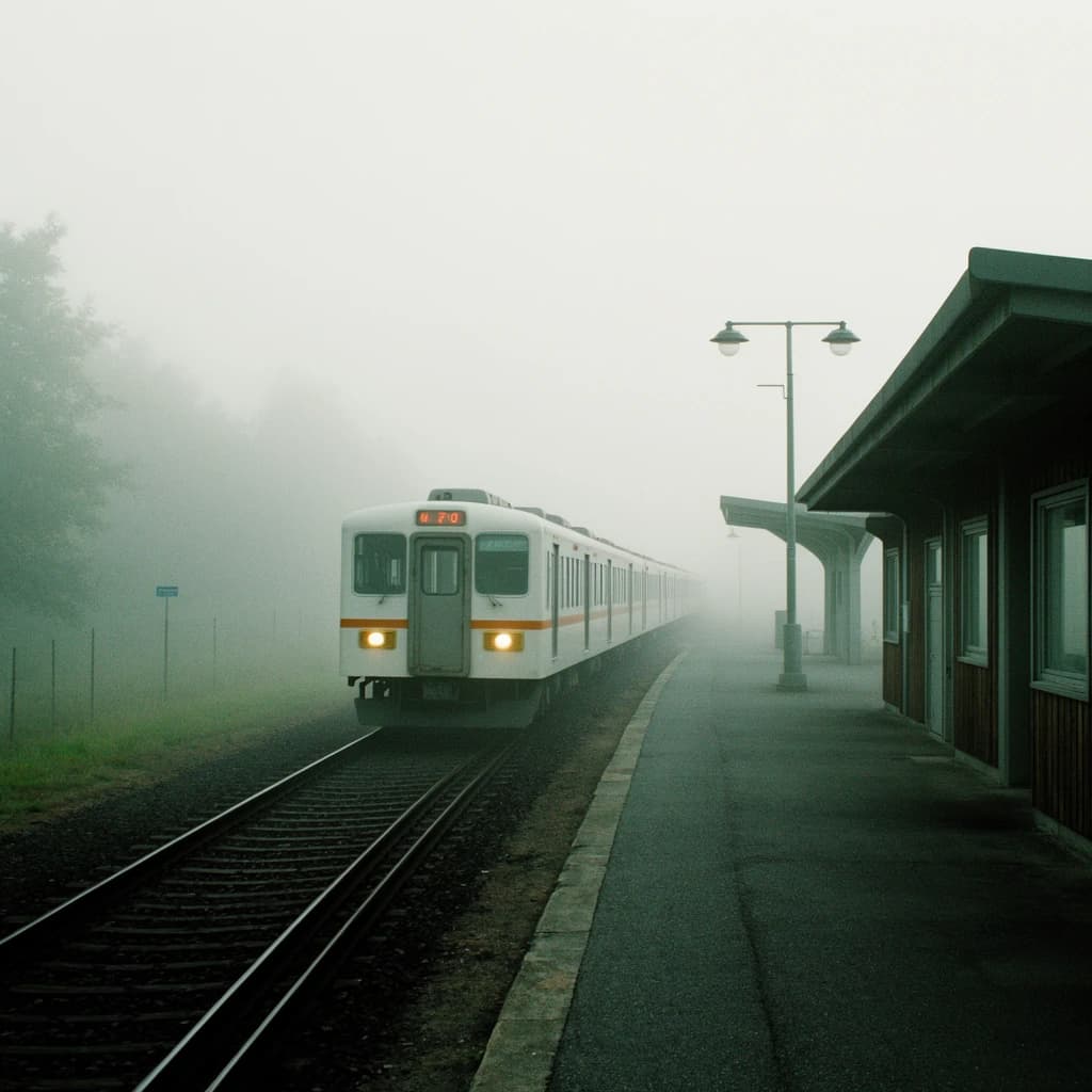 A commuter train enters a foggy little station.