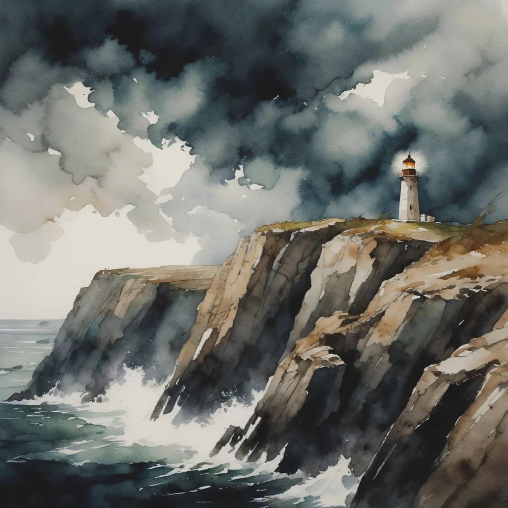 Please paint a watercolor of stormy cliffs and a lighthouse, moody sky.